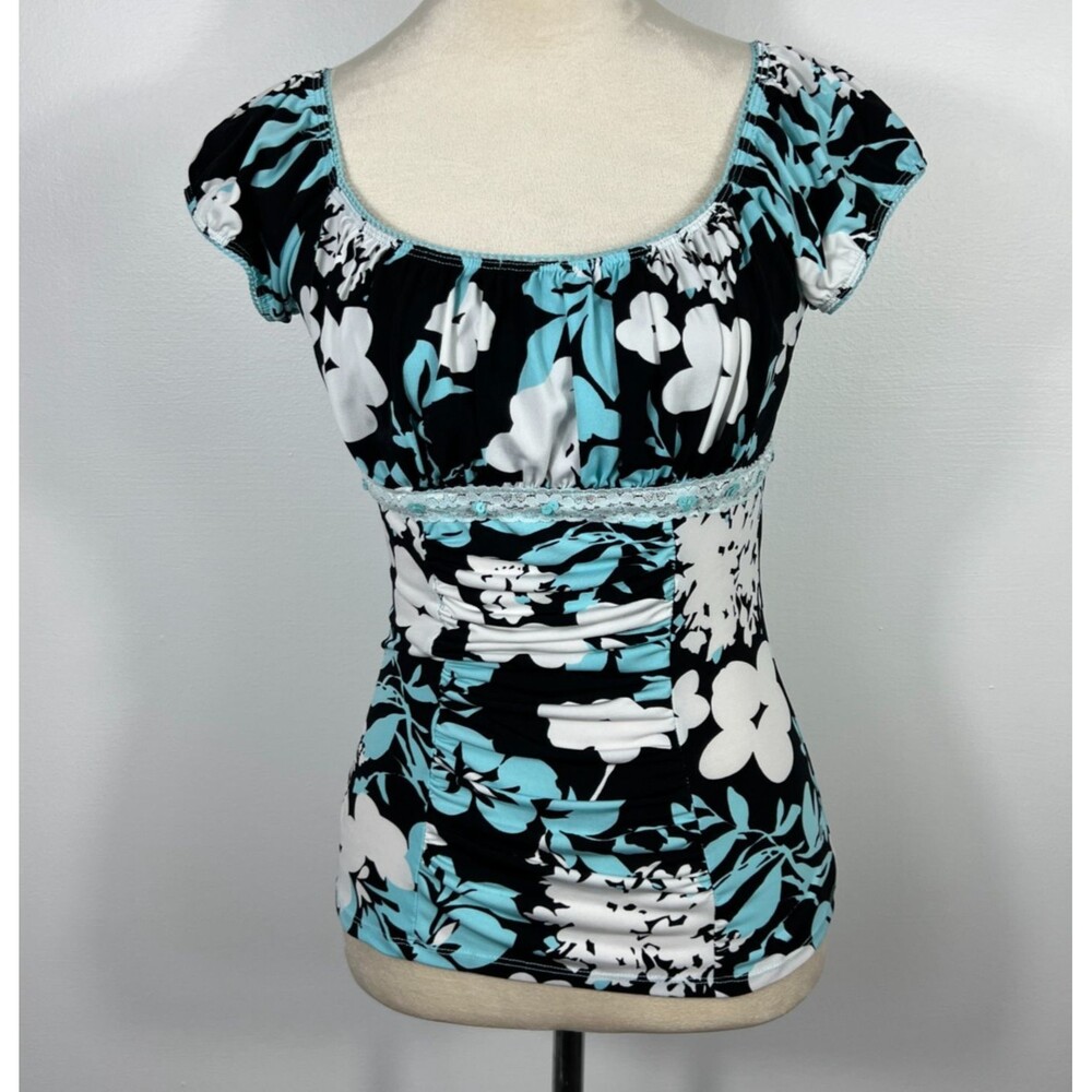 Vintage Y2K Top Womens M Milkmaid Fitted Ruched Lace Floral Baby Blue Tropical